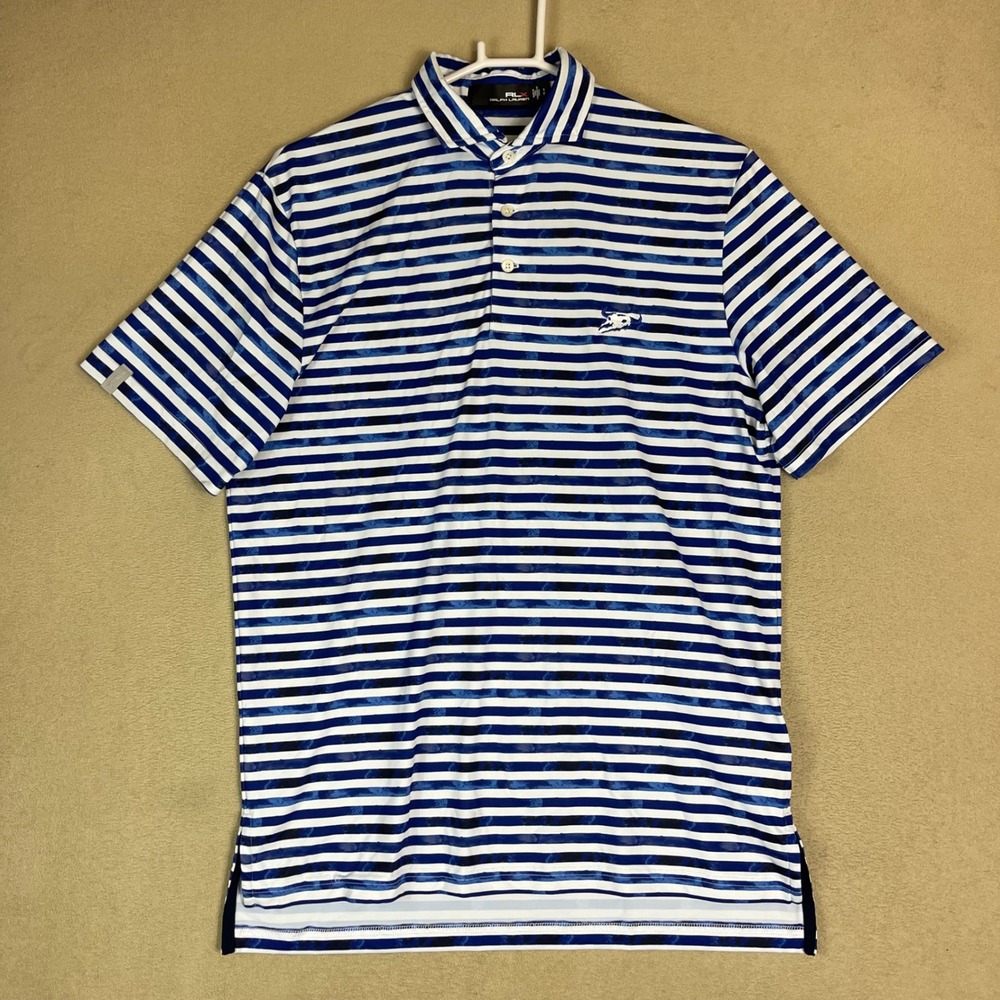 RLX Ralph Lauren Golf Polo Shirt Striped Skull Logo Blue White Mens Small